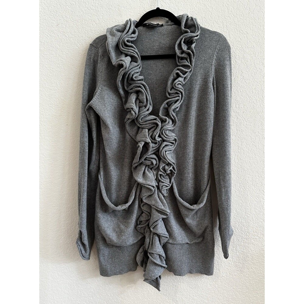 Etcetera Gray Cotton Cashmere Ruffled 2‎ Pockets Cardigan Sweater Size M